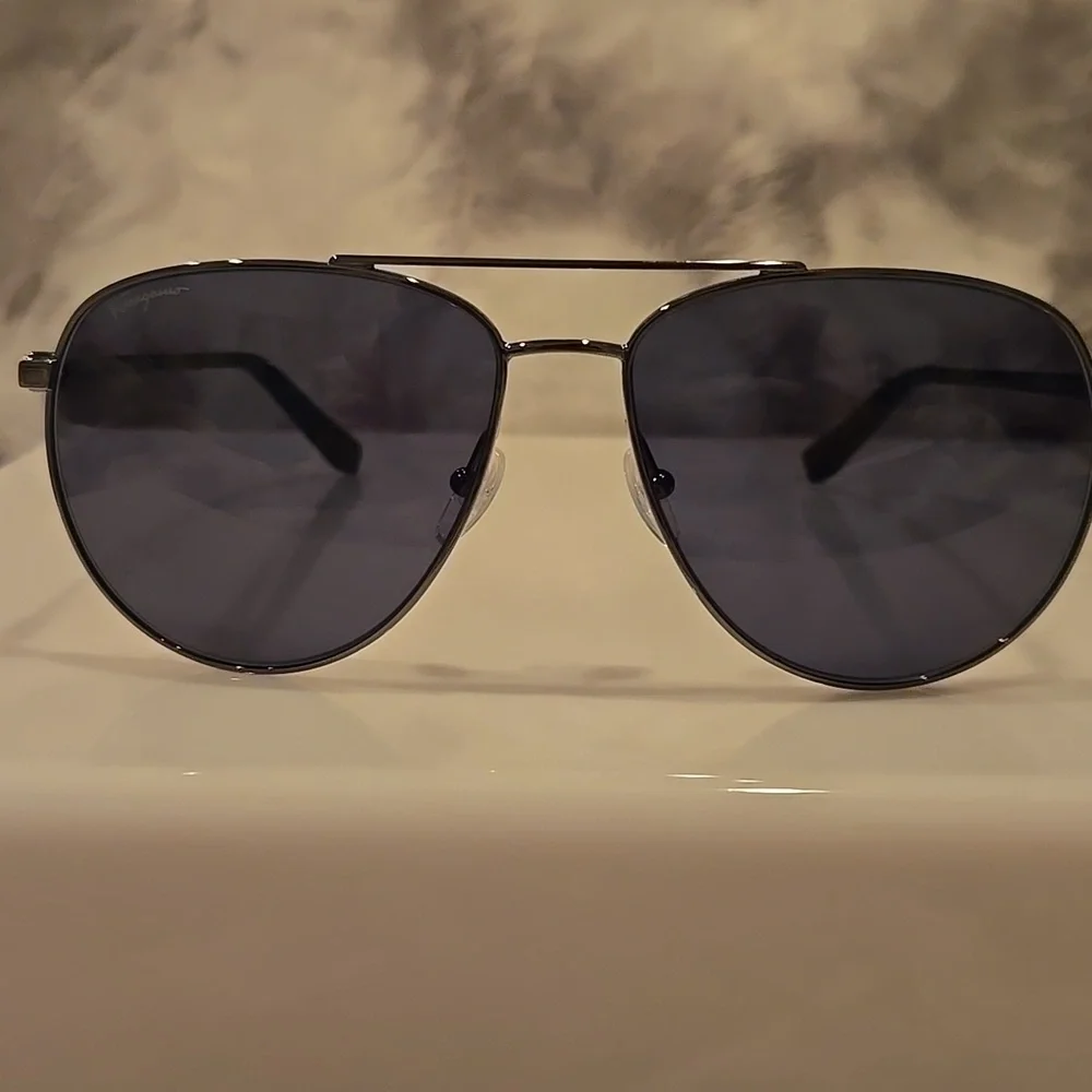Salvatore Ferragamo Dark Gunmetal Aviator Sunglasses Brand New In Case